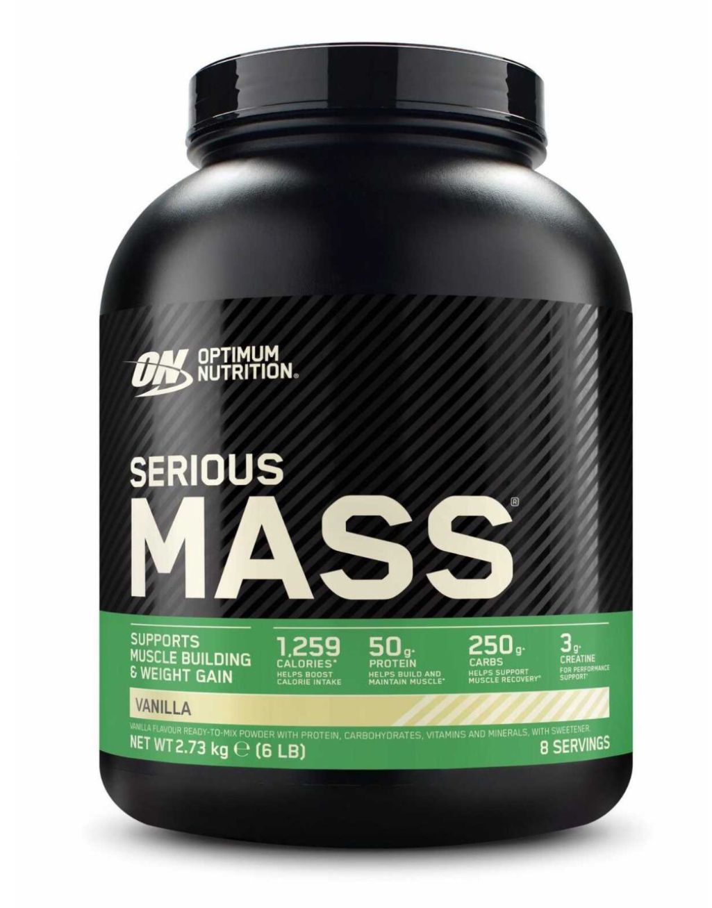 Proteína de suero de leche Optimum Nutrition Serious Mass en polvo para aumentar la masa muscular con creatina, glutamina y vitaminas. Sabor a galletas y crema. 2.7 kg. 8 porciones + batidor.