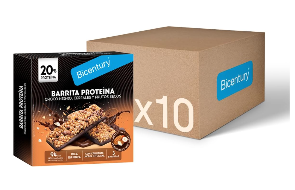 Barrita de proteína Bicentury con chocolate negro, cereales y frutos secos, 20 % de proteína y rica en fibra, paquete de 3, 72 g