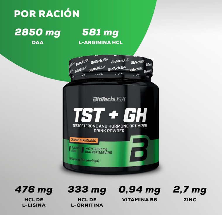 BioTechUSA TST + GH | Bebida en polvo para aumentar la testosterona y las hormonas | 2850 mg de DAA | Aminoácidos, vitaminas y minerales | Sin azúcar, lactosa ni gluten | 300 g | Naranja