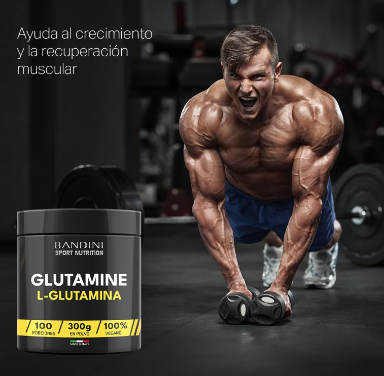 L-glutamina pura en polvo Bandini®, altamente dosificada y sin sabor, aminoácido para entrenamiento intensivo, glutamina vegana de fermentación de maíz, 300 g, 100 raciones