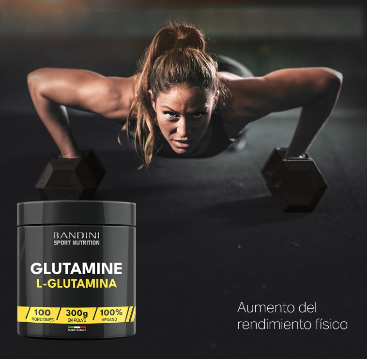 L-glutamina pura en polvo Bandini®, altamente dosificada y sin sabor, aminoácido para entrenamiento intensivo, glutamina vegana de fermentación de maíz, 300 g, 100 raciones