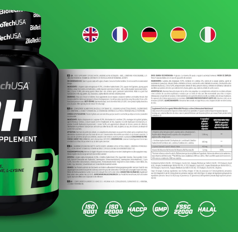 BioTechUSA GH | Regulador hormonal | Con aminoácidos y vitamina B6 | Aumenta la hormona del crecimiento | Desarrolla músculo | Reduce grasa | 120 cápsulas