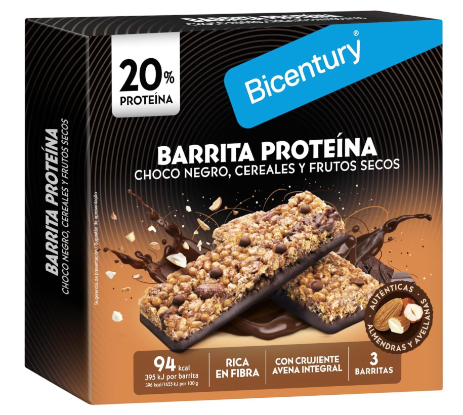 Barrita de proteína Bicentury con chocolate negro, cereales y frutos secos, 20 % de proteína y rica en fibra, paquete de 3, 72 g
