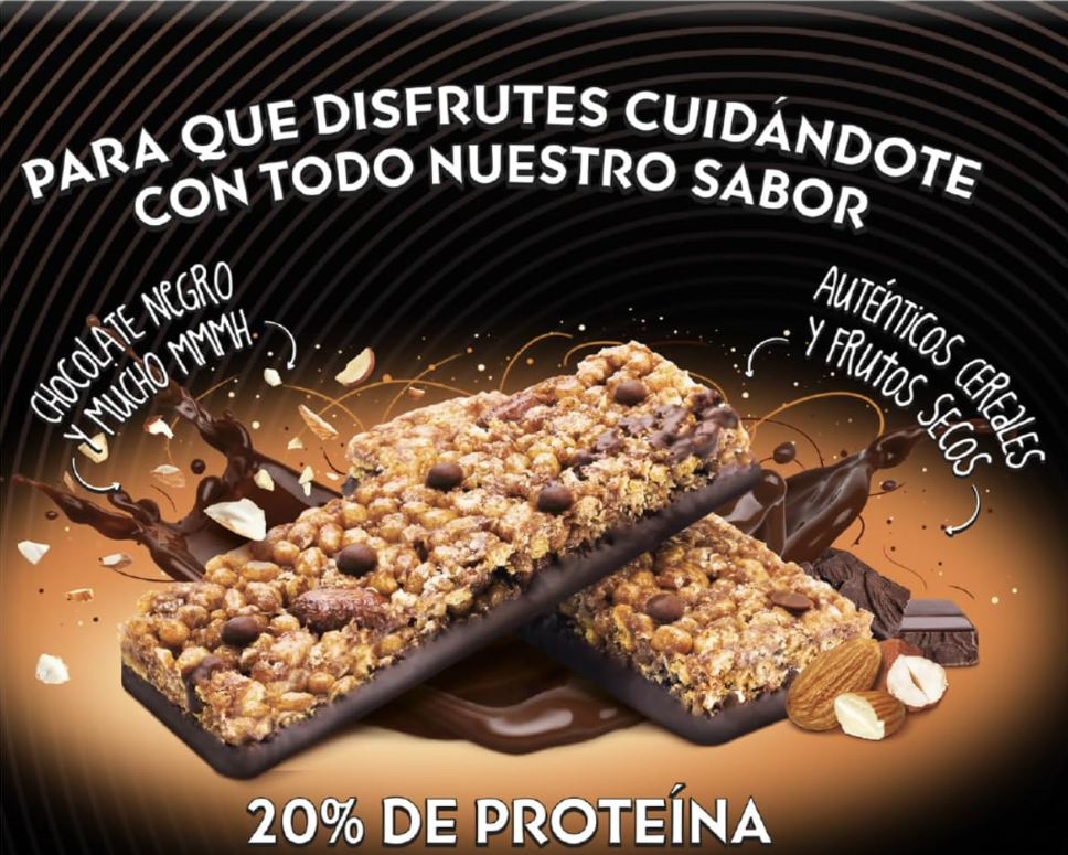 Barrita de proteína Bicentury con chocolate negro, cereales y frutos secos, 20 % de proteína y rica en fibra, paquete de 3, 72 g