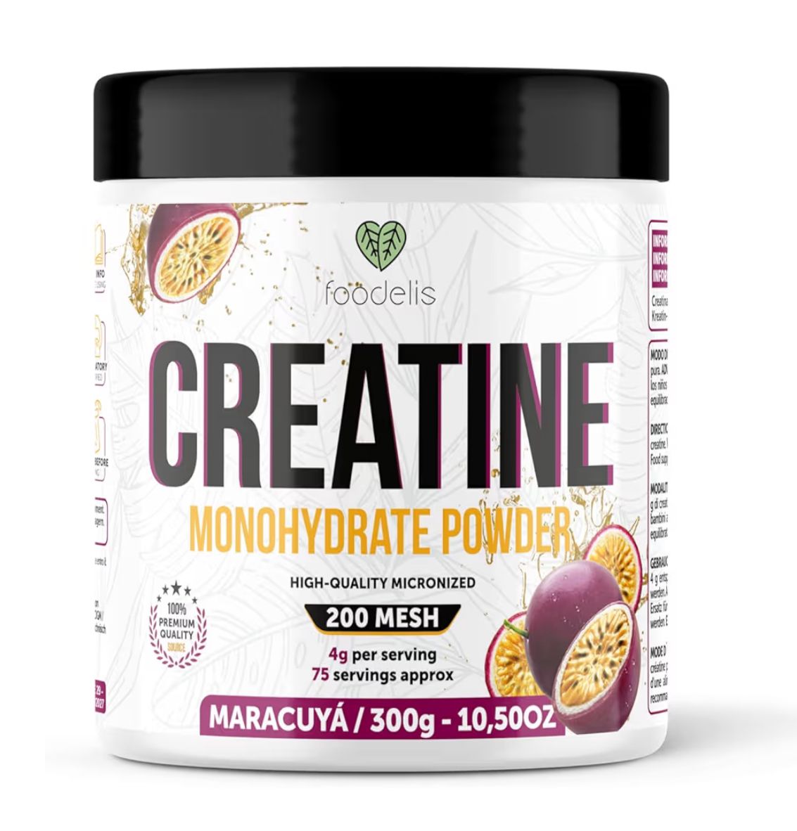 Foodelis Creatina Monohidrato en Polvo 300g – Sabor a Maracuyá – Alta Pureza – Rendimiento Físico y Recuperación – Materia Prima Premium – Vegano, Rápida Absorción.