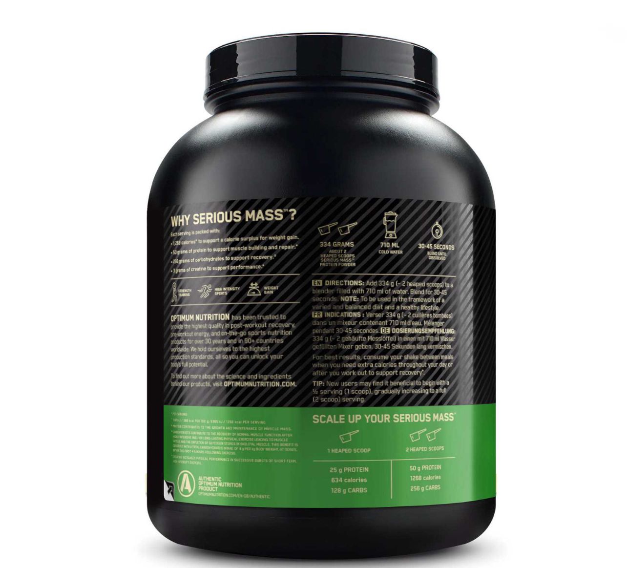 Proteína de suero de leche Optimum Nutrition Serious Mass en polvo para aumentar la masa muscular con creatina, glutamina y vitaminas. Sabor a galletas y crema. 2.7 kg. 8 porciones + batidor.