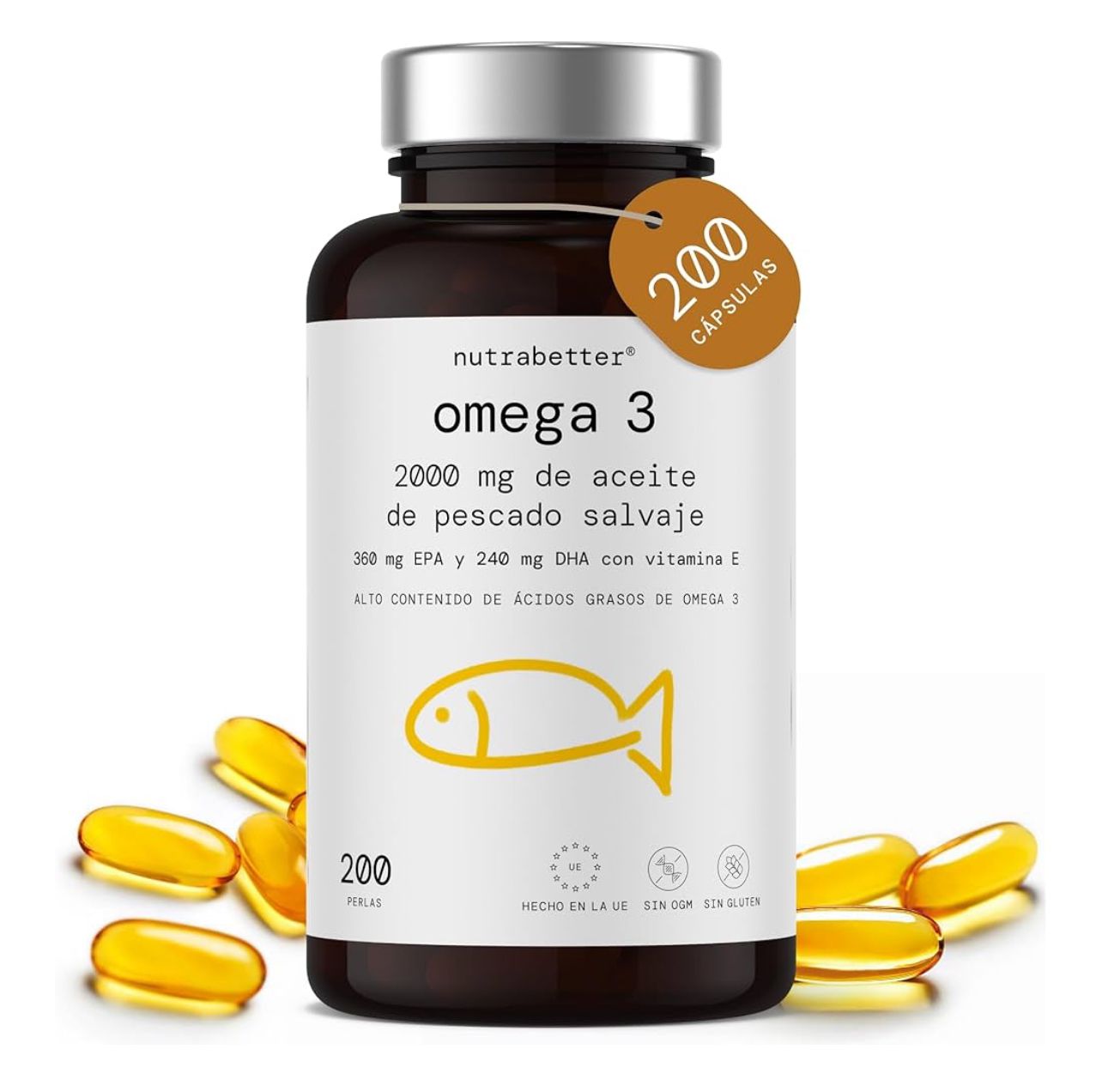 Cápsulas de Omega 3 de 2000 mg | 200 microesferas | 600 mg de Omega-3 puro + vitamina E | Certificado FOS y MSC | Ácidos grasos Omega 3 para la salud del corazón, el cerebro y la presión arterial