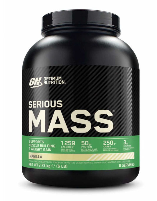 Proteína de suero de leche Optimum Nutrition Serious Mass en polvo para aumentar la masa muscular con creatina, glutamina y vitaminas. Sabor a galletas y crema. 2.7 kg. 8 porciones + batidor.