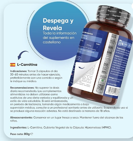 L-Carnitina 2000 mg 120 cápsulas: suplemento natural pre-entrenamiento, ideal para hombres y mujeres, vegano, sin gluten, sin lactosa y sin azúcar (suministro para 40 días)