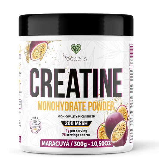 Foodelis Creatina Monohidrato en Polvo 300g – Sabor a Maracuyá – Alta Pureza – Rendimiento Físico y Recuperación – Materia Prima Premium – Vegano, Rápida Absorción.